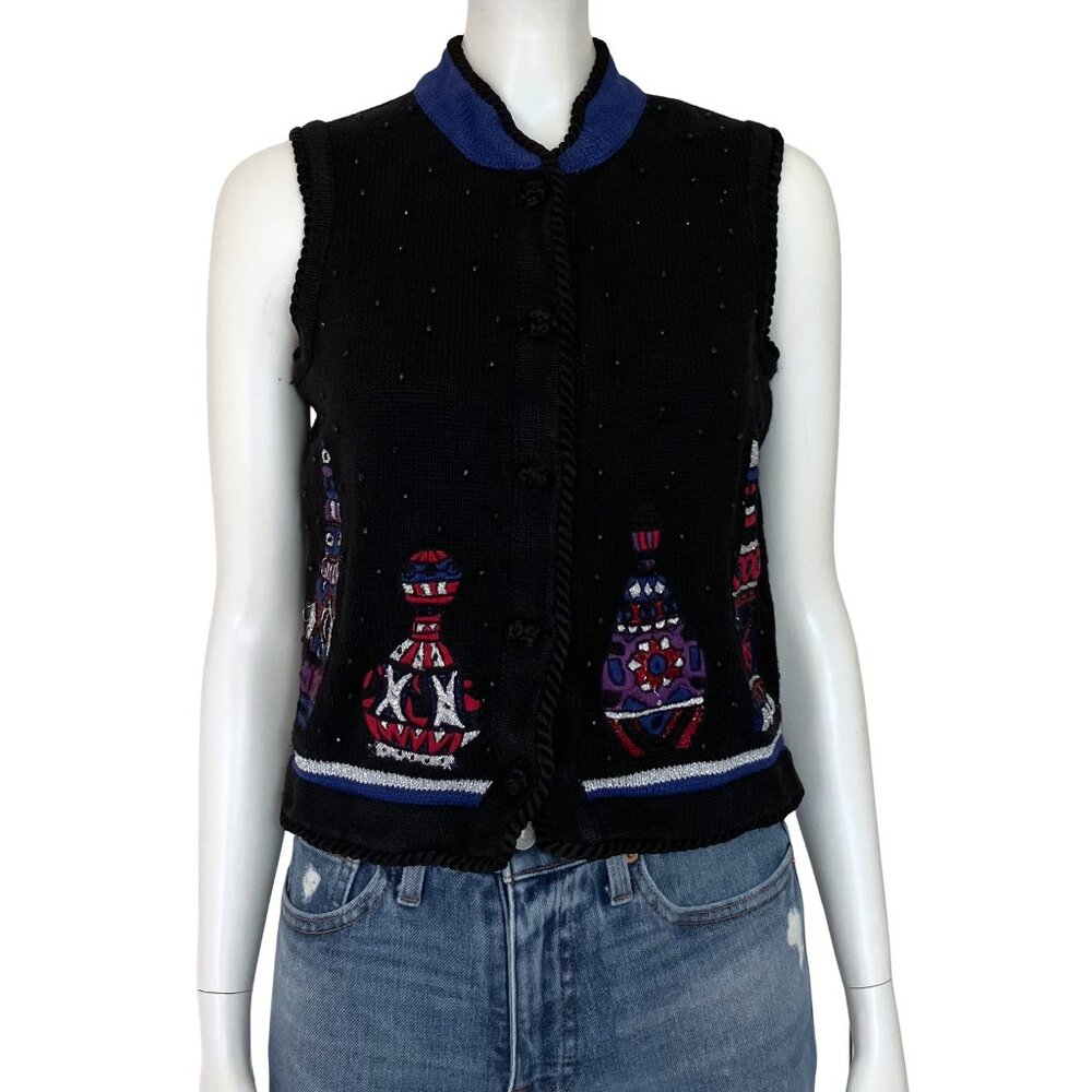 Vintage 90s Black Beaded Sweater Vest Christmas. Small. Cottagecore Embroidered - Picture 1 of 11